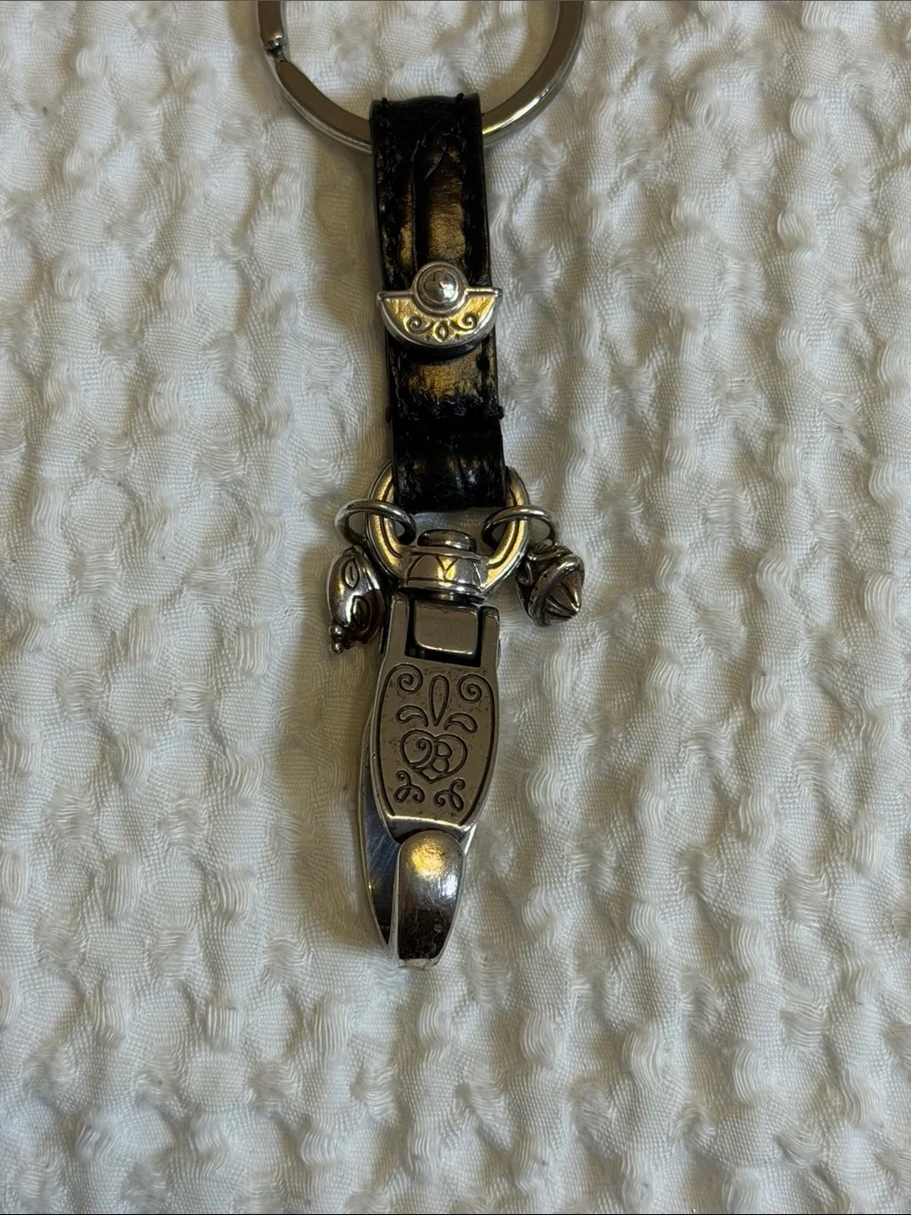 BRIGHTON, Leather and Silver Tone Keychain with Decorative Clip - Black